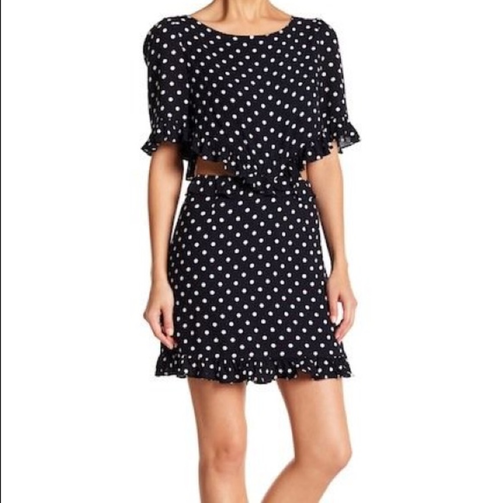 Lucca Couture Navy Blue Short Sleeve White Polka Dot Ruffle Dress